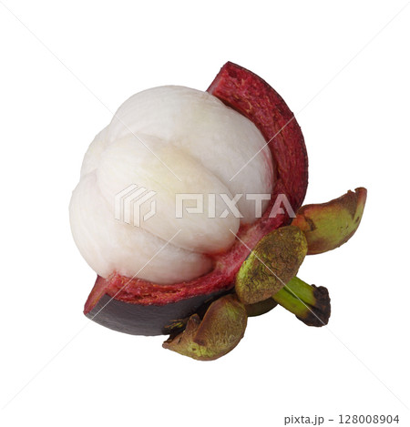 Ripe mangosteen showing white flesh isolated on a white background Ripe mangosteen showing white flesh isolated on a white background 128008904