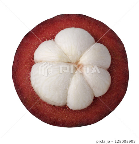 Ripe mangosteen showing white flesh isolated on a white background 128008905