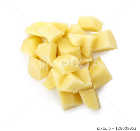 Diced raw potatoes isolated on a white background Diced raw potatoes isolated on a white background 128008952