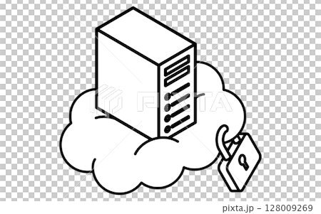 クラウドにあるセキュリティ対策されたウェブサーバーのアイソメトリック線画アイコン、白黒 128009269
