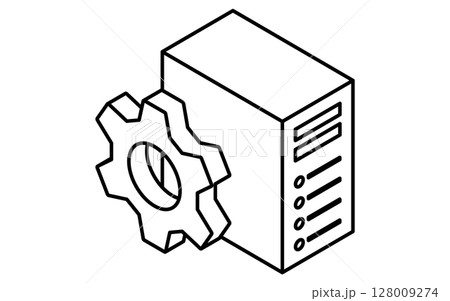 ウェブサーバーのシステムメンテナンスのアイソメトリック線画アイコン、白黒 128009274