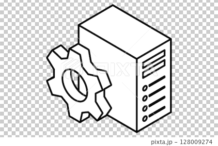 ウェブサーバーのシステムメンテナンスのアイソメトリック線画アイコン、白黒 128009274