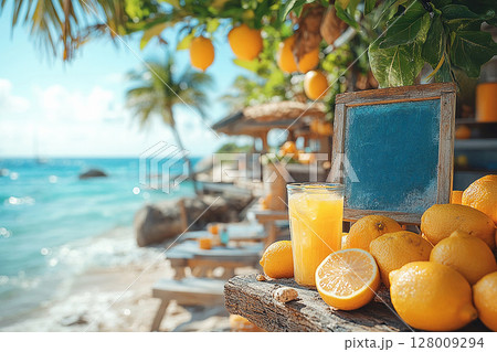 Summer drinks. Tropical beach. Retro style of lemonade stand with a handwritten sign. Summer drinks. Tropical beach. Retro style of lemonade stand with a handwritten sign. 128009294