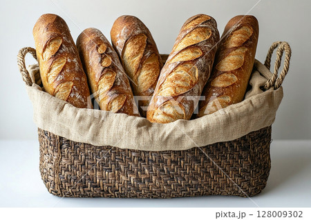 Baking marketing. Baked French baguette in a wicker basket on a white background. Baking marketing. Baked French baguette in a wicker basket on a white background. 128009302