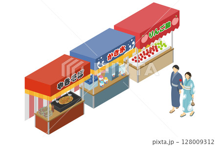 アイソメトリックイラスト：祭の屋台と浴衣を着たカップル 128009312