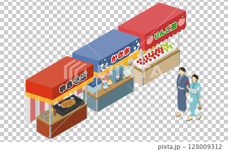 アイソメトリックイラスト：祭の屋台と浴衣を着たカップル 128009312