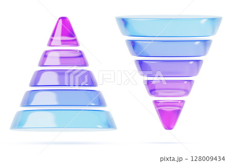 Glass inverted cone and pyramid 3d render icon set. Gradient blue pink sales funnel, five level infographic chart, conversion rate, digital marketing, business awareness technology. 3D illustration Glass inverted cone and pyramid 3d render icon set. Gradient blue pink sales funnel, five level infographic chart, conversion rate, digital marketing, business awareness technology. 3D illustration 128009434