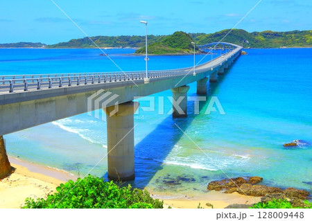 コバルトブルーの海と角島大橋（下関市） 128009448