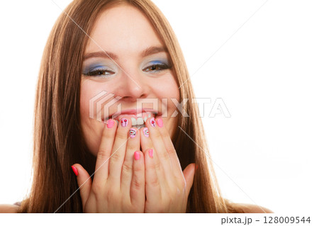 Lovely woman smiling showing nails design 128009544