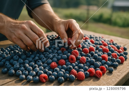Close up of hands sorting fresh blueberries and raspberries from a bountiful harvest 128009796