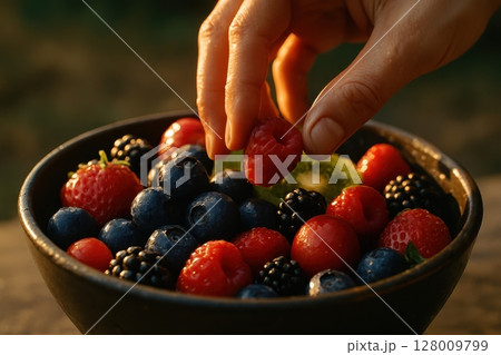 Close up of hand picking ripe raspberry from bowl of fresh mixed berries and fruits 128009799