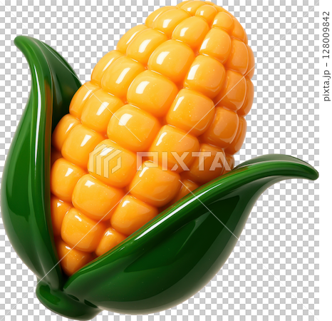 Vibrant glossy corn cob with golden kernels and green husks 128009842