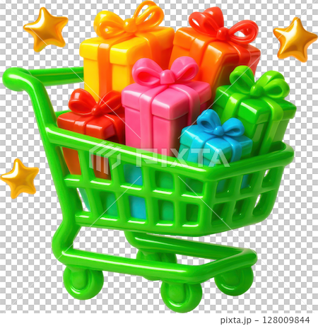 Vibrant green shopping cart full of colorful gift boxes and stars Vibrant green shopping cart full of colorful gift boxes and stars 128009844