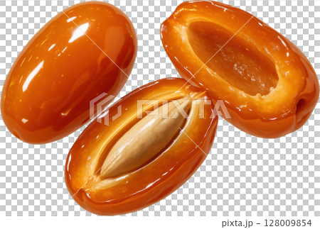 Sweet amber dates, whole and halved with exposed seed Sweet amber dates, whole and halved with exposed seed 128009854