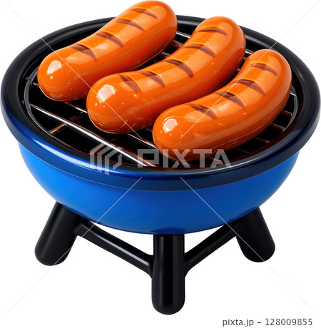 Three delicious grilled sausages on a miniature blue barbecue grill Three delicious grilled sausages on a miniature blue barbecue grill 128009855