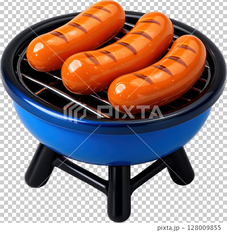 Three delicious grilled sausages on a miniature blue barbecue grill Three delicious grilled sausages on a miniature blue barbecue grill 128009855