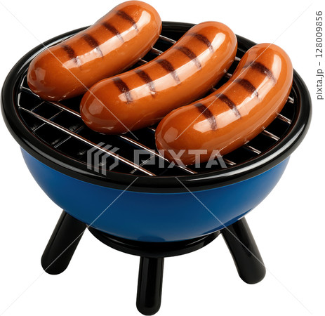 Three glossy grilled sausages on a miniature blue BBQ grill Three glossy grilled sausages on a miniature blue BBQ grill 128009856