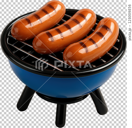 Three glossy grilled sausages on a miniature blue BBQ grill Three glossy grilled sausages on a miniature blue BBQ grill 128009856