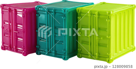 Vibrant magenta teal green miniature shipping containers 128009858