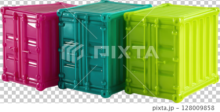 Vibrant magenta teal green miniature shipping containers 128009858