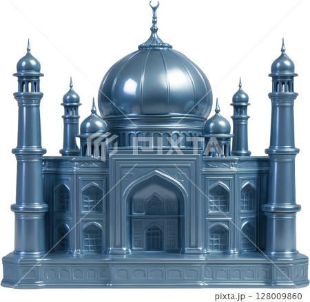 Ornate silver mosque building with dome and minarets 128009860