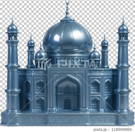 Ornate silver mosque building with dome and minarets 128009860