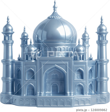 Gleaming silver monument featuring intricate domes and towers 128009862