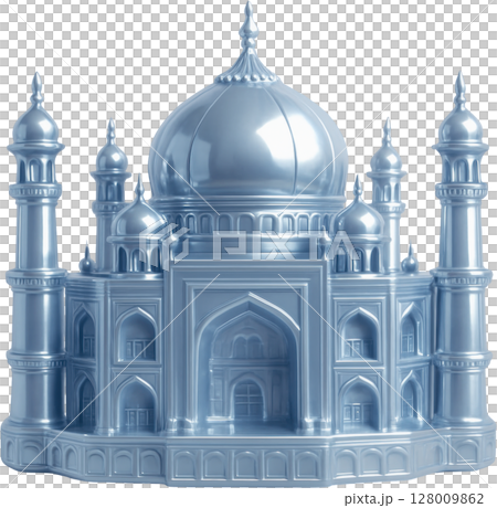 Gleaming silver monument featuring intricate domes and towers 128009862