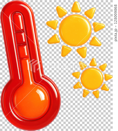 Red thermometer and yellow suns indicating hot weather Red thermometer and yellow suns indicating hot weather 128009868