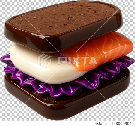 Artistic glossy gourmet sandwich with salmon mozzarella and purple cabbage Artistic glossy gourmet sandwich with salmon mozzarella and purple cabbage 128009904