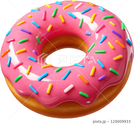 Sweet pink glazed donut topped with bright rainbow sprinkles 128009933