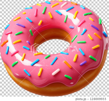 Sweet pink glazed donut topped with bright rainbow sprinkles 128009933