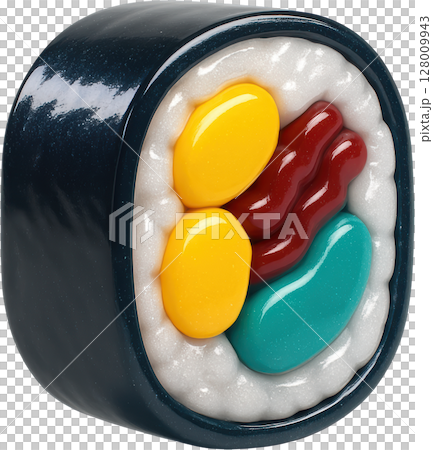 Stylized glossy 3D sushi roll with vibrant candy like fillings Stylized glossy 3D sushi roll with vibrant candy like fillings 128009943