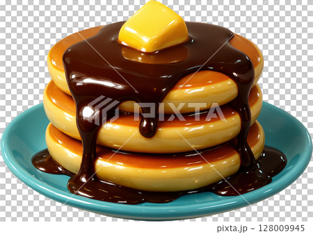 Stacked golden pancakes with decadent chocolate syrup and butter pat Stacked golden pancakes with decadent chocolate syrup and butter pat 128009945