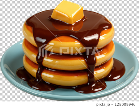 Golden pancakes stacked with rich chocolate syrup and melting butter Golden pancakes stacked with rich chocolate syrup and melting butter 128009946
