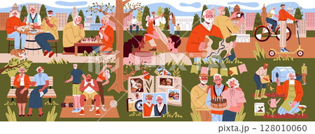 Vector illustration of seniors enjoying various outdoor activities, including dining, cycling, gardening, and celebrating a birthday. They are socializing, playing games, and exercising, highlighting 128010060