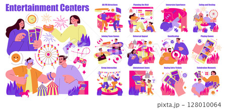 Vector illustration of people enjoying various activities at entertainment centers. Includes AR VR attractions, team games, gaming, eating, resting, and celebrating joyful moments. 128010064