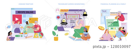 Group cooking with online recipes, cross-generational gaming, and family financial planning depicted in a seamless vector illustration highlighting daily life activities. Group cooking with online recipes, cross-generational gaming, and family financial planning depicted in a seamless vector illustration highlighting daily life activities. 128010097