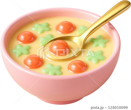 Pastel pink bowl of creamy yellow dessert with colorful candies and golden spoon 128010099