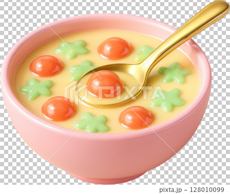 Pastel pink bowl of creamy yellow dessert with colorful candies and golden spoon 128010099