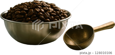 Dark roasted coffee beans in stainless steel bowl with bronze scoop Dark roasted coffee beans in stainless steel bowl with bronze scoop 128010106