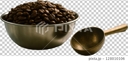 Dark roasted coffee beans in stainless steel bowl with bronze scoop Dark roasted coffee beans in stainless steel bowl with bronze scoop 128010106