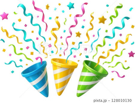 Colorful party poppers bursting confetti for celebration Colorful party poppers bursting confetti for celebration 128010130