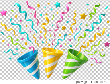 Colorful party poppers bursting confetti for celebration Colorful party poppers bursting confetti for celebration 128010130