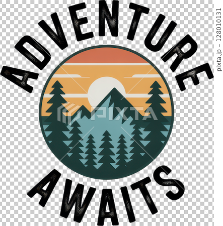 Retro mountain sunset emblem with pine trees and adventure awaits text 128010131