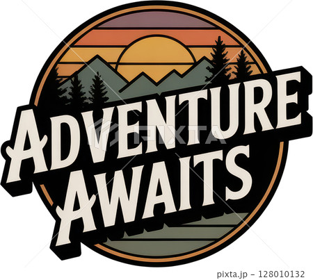 Vintage adventure awaits badge with mountains and sunset 128010132