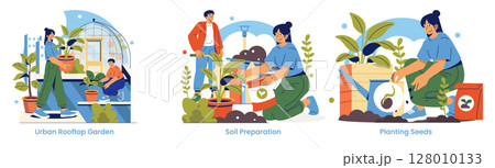 Vector illustration showing urban rooftop gardening activities. Individuals are engaged in preparing soil and planting seeds in pots. The scene highlights sustainable city living and gardening. 128010133