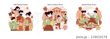 Vector illustration of autumn scenes featuring fashion, school time, and picnics. A family enjoys fall clothing, kids head to school, and friends have a cozy outdoor picnic surrounded by autumn leaves 128010178