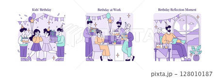 Set of vector illustrations depicting joyful birthday celebrations. Kids enjoying a birthday party with cake and balloons, an office birthday surprise, and a reflective birthday moment at home. Set of vector illustrations depicting joyful birthday celebrations. Kids enjoying a birthday party with cake and balloons, an office birthday surprise, and a reflective birthday moment at home. 128010187