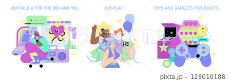 Playful vector illustrations capturing nostalgic elements from the 80s and 90s, vibrant cosplay costumes, and modern adult gadgets, evoking fun and creativity in a colorful format. 128010188